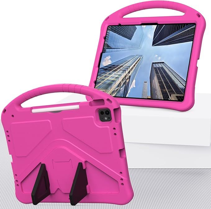YRH Kids Case for iPad Air 13-in. M4/M3/M2 (2026/2025/2024), for iPad Pro 13-in. M5/M4 (2026/2024), with Strap Handle Stand, Pink