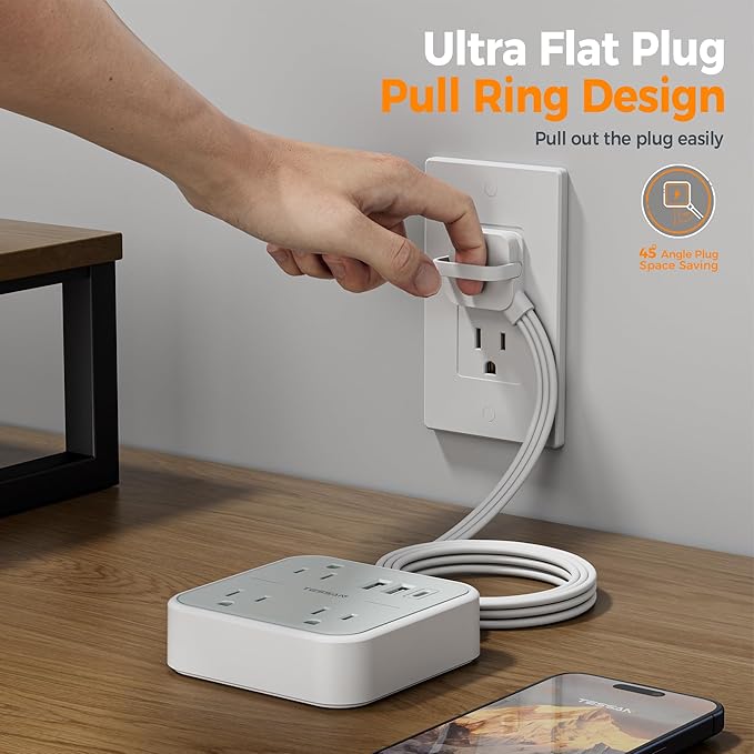 TESSAN Ultra Thin Flat Extension Cord 5 FT, Slim Power Strip with USB Ports (1 USB C), Non Surge Protector Flat Plug Wall Charger with 3 Outlets for Office, School, Alaska Cruise Essentials, Grey