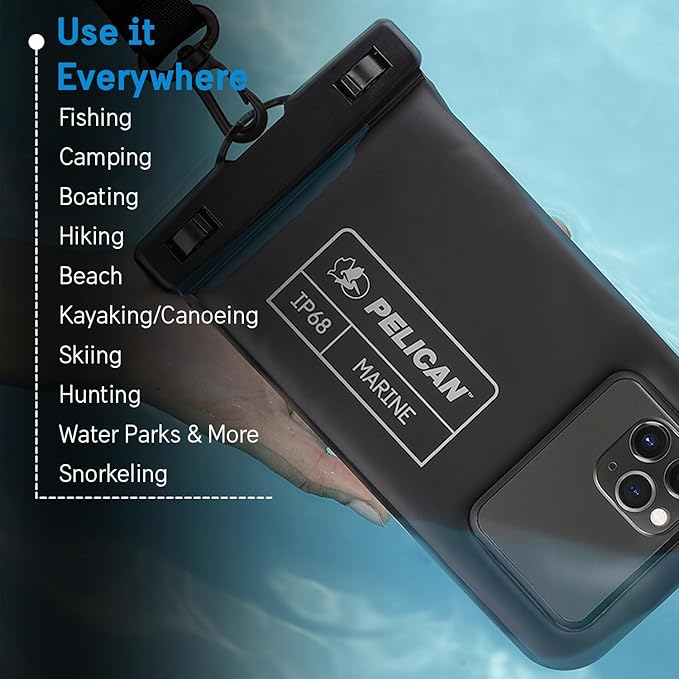 Pelican 4 Pack Marine - IP68 Waterproof Phone Pouch (Regular Size) Floating Waterproof Phone Case - Beach Cruise Ship Travel Essentials - Works with All Phones - Detachable Lanyard - Black