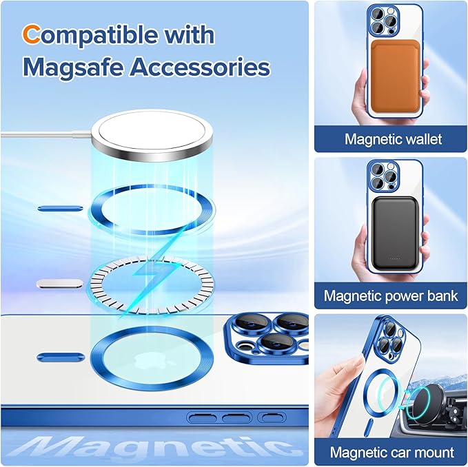 Hython Magnetic Clear for iPhone 15 Pro Case with Camera Lens Protector [Compatible with MagSafe] Luxury Plating Edge Slim Soft TPU Cover Protective Phone Case for iPhone 15 Pro 6.1", Deep Blue