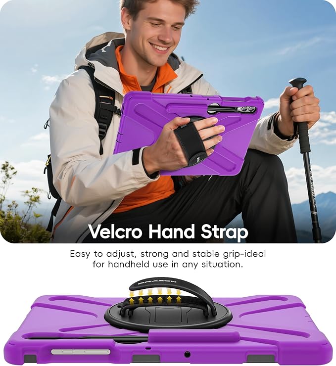 BRAECN for Samsung Galaxy Tab S10+ Plus/S9+/S9 FE + /S8+ Plus/S7 +Plus /S7 FE 12.4 Inch,Heavy Duty Shockproof Case with S Pen Holder&360 Rotating Hand Strap/Kickstand/Shoulder Strap -Purple