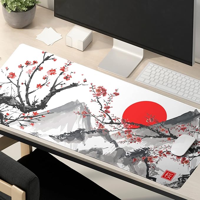 Extended Gaming Mouse Pad XL，White Japanese Cherry Blossom Large Mouse Mat Desk Pad, Extended Stitched Non-Slip Rubber Edges Mousepad 31.5 X 11.8 Inch
