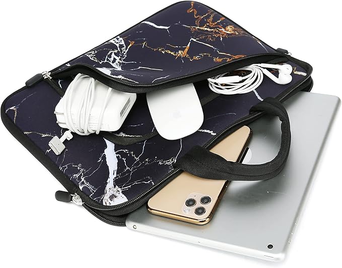11 11.6 12 12.1 12.5 inches Laptop Sleeve Chromebook Case Ultrabook Case Notebook Sleeve PC Messenger Bag Tablet Case Neoprene Handle Sleeve for Men Women, Two Pockets (Black Marble)