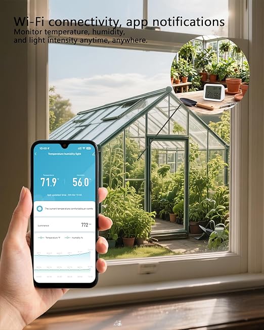 Smart WiFi Thermometer Hygrometer with Light Sensor - Indoor Temperature Humidity Monitor for Smart Home, Greenhouse, Basement, Thermometer Indoor with Display and App Alerts.