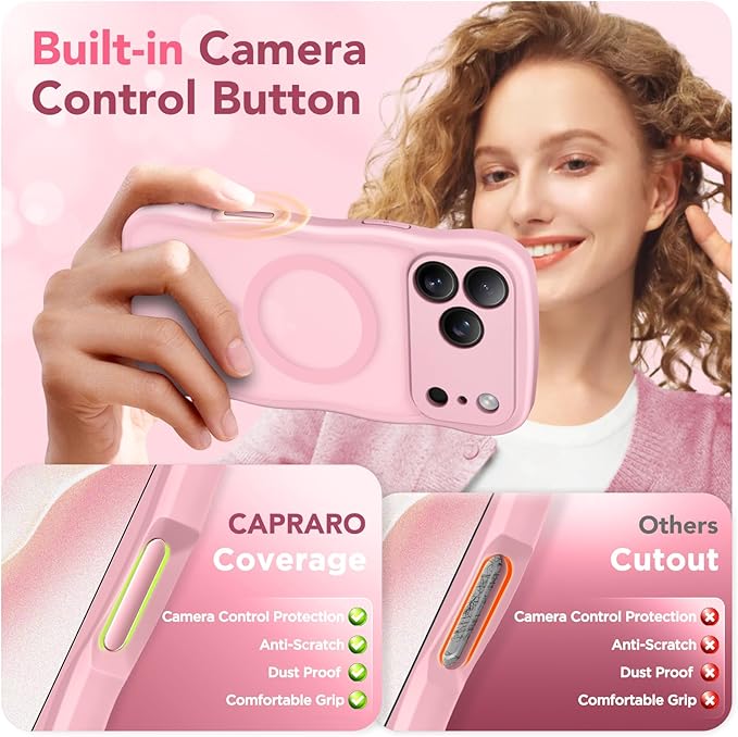 CAPRARO Magnetic for iPhone 17 Pro Case for Women Girls, Upgraded [Full Camera Protection] [Compatible with MagSafe] Cute Wave Translucent Matte Phone Case for iPhone 17 Pro, Peach Pink