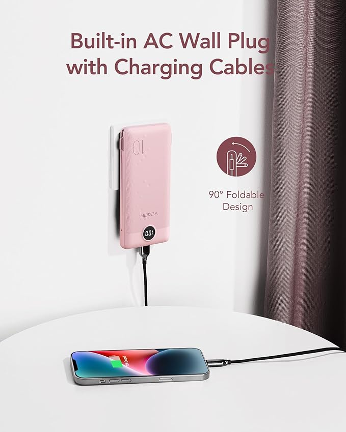 VEGER Portable Charger with Built-in AC Plug and Cables, All in One 10000mAh Ultra Slim Power Bank Travel Essentials, Fast Charging Battery Pack Compatible with iPhone, Samsung, Android (Crepe)