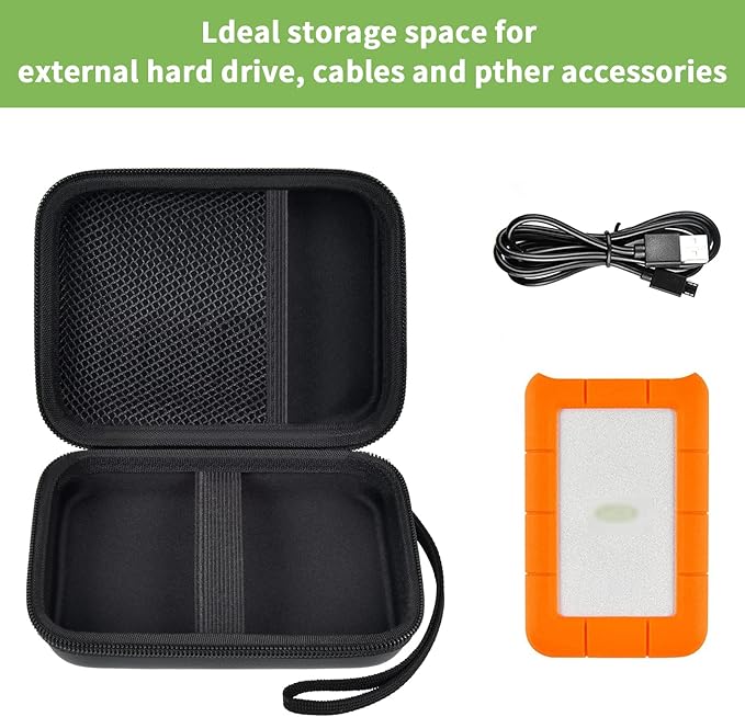 Case Compatible with LaCie Rugged Mini 1TB/ 2TB/ 4TB/ 5TB External Hard Drive Portable HDD, Storage Holder for Hard Drives for Mac and PC Computer & USB 3.0 2.0 Cable SD Cards (Black)