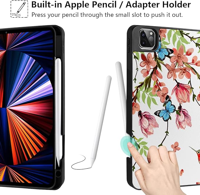 MEEgoodo for iPad Pro M2 12.9 Case 6th/5th/4th/3rd Generation 2022 2021 2020 2018 with Pencil Holder, Tablet Cover with Soft TPU Back Shell, Birds & Flowers