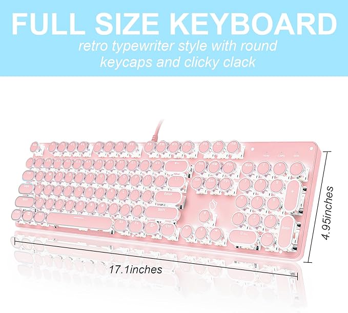 YSCP Typewriter Style Mechanical Gaming Keyboard White Backlit Wired with Blue Switch Retro Round Keycap 104 Keys Keyboard (Pink)