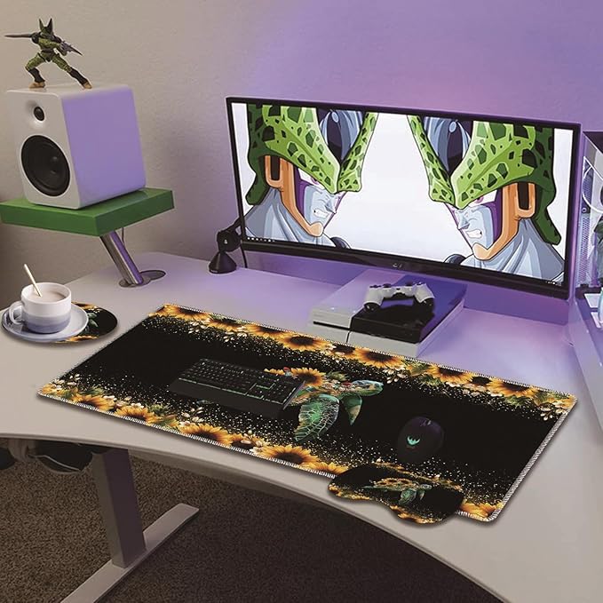 Extended Non-Slip Mouse Pad + Mouse Wrist Rest + Lace-Shaped Coaster Set, Ergonomic Design, Suitable for Desk and Home Gaming Table Mat, Starry Night and Turtle Sunflowers