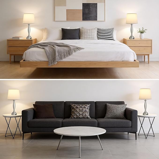 Seealle 25.5" Touch Bedside Lamps for Nightstand Set of 2 - Bedroom Lamps with USB C+A, 3 Way Dimmable Nightstand Lamps, Brushed Nickel Table Lamps for Living Room (Bulbs Included)