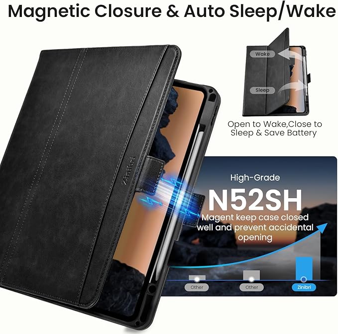 Handcrafted Case for iPad Air 13 Inch M4/M3/M2 (2026/2025/2024) with Pencil Holder & Hand Strap & Pocket,Magnetic Clasp,Multi Angles Stand,Protective Folio Cover,Auto Sleep/Wake,Black