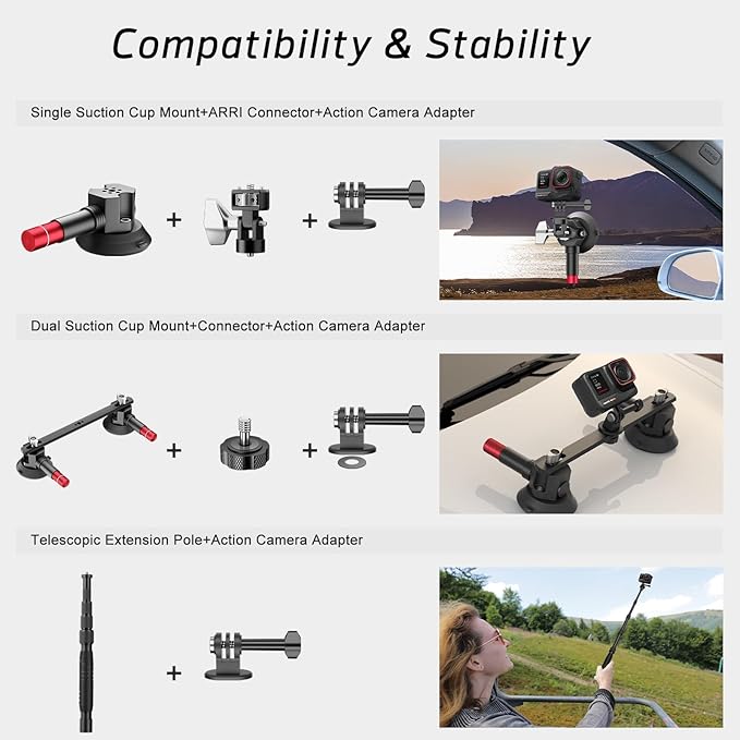 EMART Car Mount with Triple Suction Cup, Camera Mount Kit with Telescopic Extension Pole/Action Camera Adapter Compatible with Gopro/Instal 360/DJI OSMO/AKASO