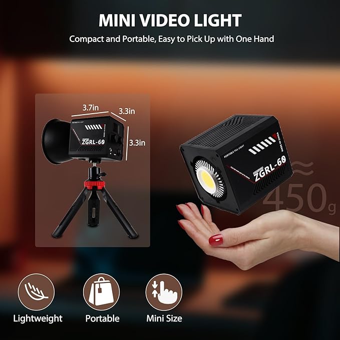 60W COB LED Video Light Handheld Portable with 8000 mAh Battery Dual-Color Photography Lighting Spotlight for Studio, Streaming, Phone Video, 2800K-6500K, 8 Lighting Effects, CRI ≥95