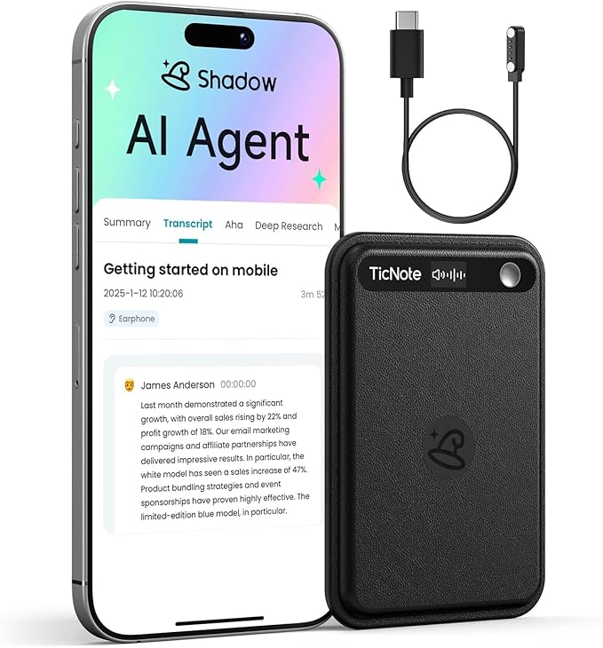 Mobvoi TicNote Lite AI Voice Recorder, AI Note Taking Device w/Instant Transcribe & Summarize, APP Control, Support 120+ Languages, AI Recorder w/Display for Lectures, Meeting, Calls