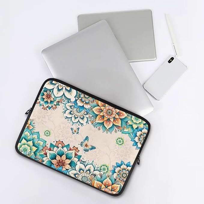 Boho Flower Butterfly Laptop Protective Sleeve for Women Computer Sleeve 17 Inch Laptop Case Bag Portable Computer Carrying Case Suitable GITS for Men Teens