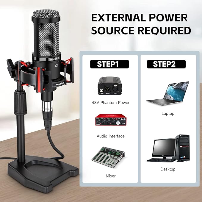 XLR Podcast Microphone Professional Cardioid Condenser Microphone for PC Computer Studio XLR Mic Kit for Recording/Podcasting/Streaming/Voice Over/ASMR/Home Studio/YouTube with Desktop Stand