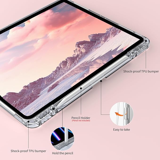 Clear Case for iPad Pro 12.9 inch 6th/5th/4th/3rd Gen with Pencil Holder [Support Pencil Charging] Auto Wake/Sleep, Lightweight Shockproof Trifold Stand Transparent Hard PC Back Cover, Pink-2