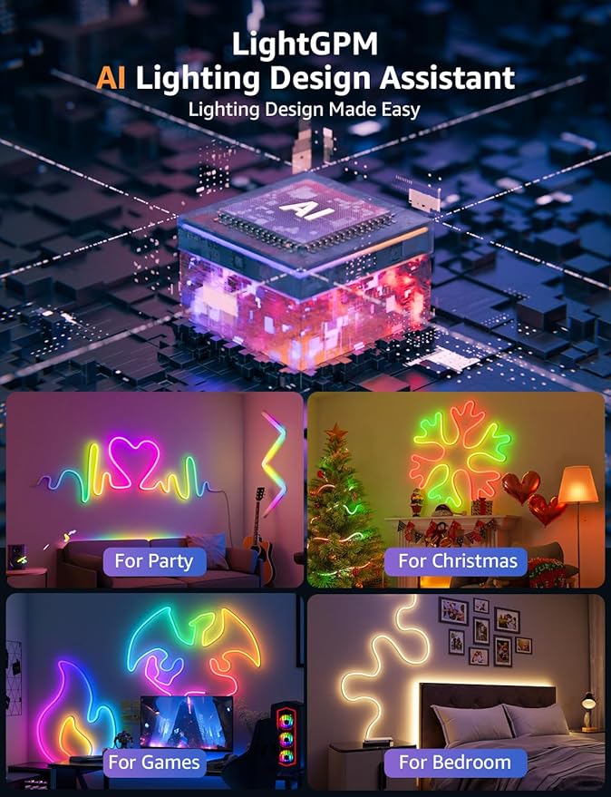 Lepro N1 AI Smart RGB Rope Lights for Christmas, Personalized AI Lighting Designer, LightBeats Music Sync, Color Segment DIY, Voice Control Via App, 9.84ft Wi-Fi & Bluetooth LED Strip Lights