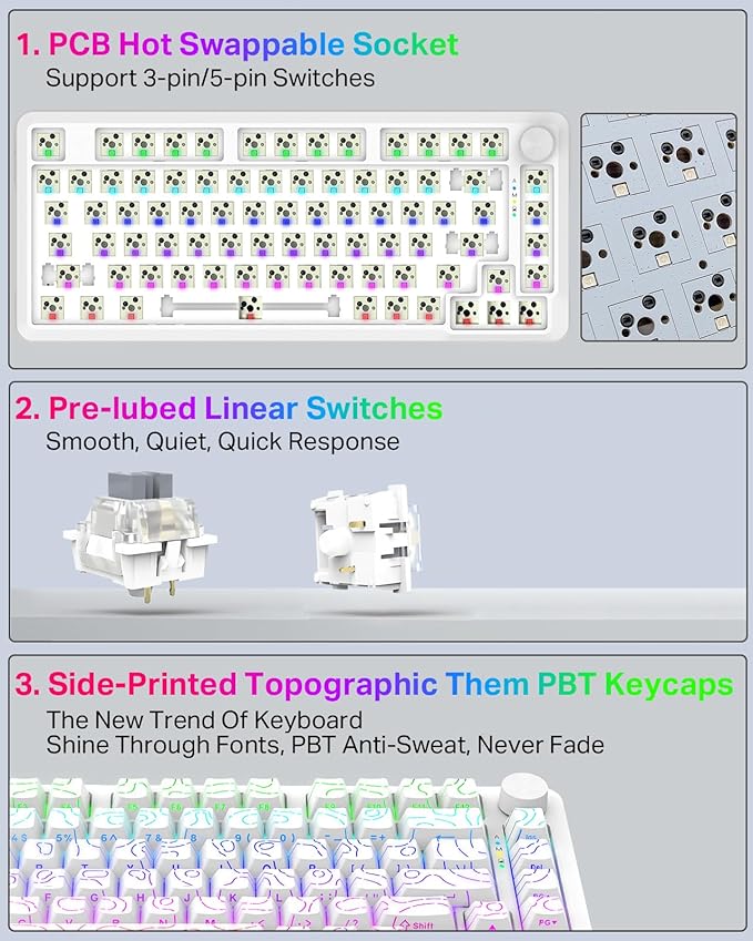 E-YOOSO Topographic RGB Mechanical Keyboard with Knob, 75% Gasket Hot Swappable Custom Gaming Keyboard, Side Printed PBT Keycaps, Tri-Mode Bluetooth/Wireless/Wired 81 Keys Compact Design﻿
