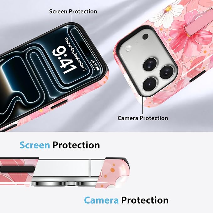 KANGHAR Compatible with iPhone 17 Pro Case, Support for MagSafe, Silicone Flower Floral Cute Pattern, Finger Hold Wristband Kickstand Camera Protection Soft Slim Phone Case for Girls Women -Pink