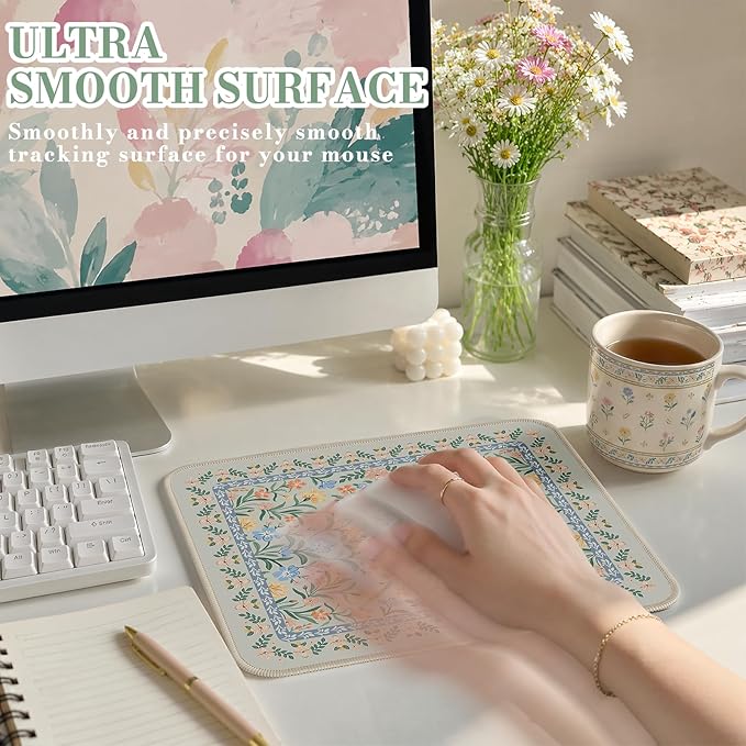 iCasso Aesthetic Small Floral Mouse Pad, Mini Portable Travel Mousepad, Anti-Slip and Comfortable Cloth Mouse Mat 7.9"x9.5" with Stitched Edges for Computer, Laptop, Office, Home(Green Floral)