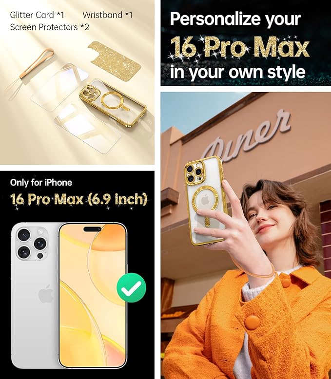 Meifigno Designed for iPhone 16 Pro Max Case 6.9", [Glitter Card & Wrist Strap] [Compatible with MagSafe] [2X Screen Protectors] Surround Lens Protection Designed for 16 ProMax Case, Gold Titanium