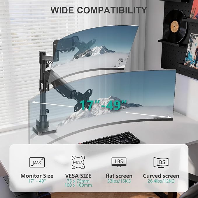 WALI Vertical Dual Monitor Mount for 17-49 inch Ultrawides Curved Screens, Heavy Duty Stacked Dual Monitor Stand for Desk, Adjustable Ultrawide Monitor Arm up to 33lbs, VESA Mount 75/100mm, Black