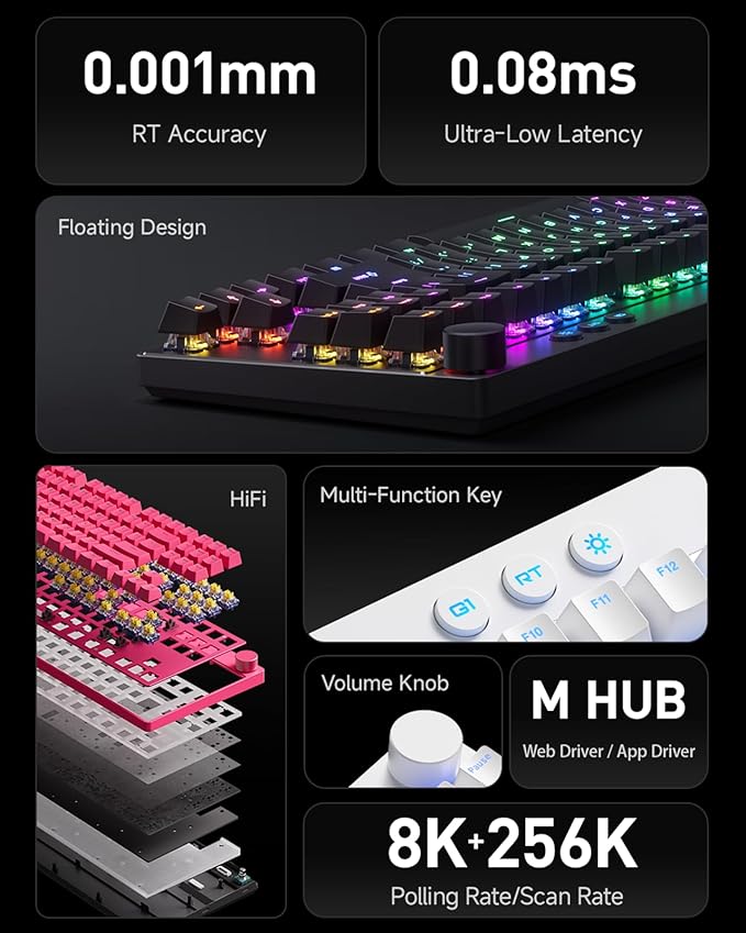 MCHOSE Mix 87 TKL Wired Gaming Keyboard Magnetic Switch Hall Effect Keyboards Rapid Trigger SOCD 8K Polling Rate Volume Knob Adjustable Actuation Point RGB Lighting HotSwap Black Apollo Switch