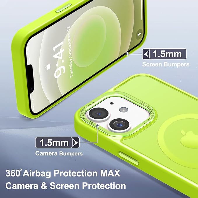 Newfuture Designed for iPhone 12 Case/iPhone 12 Pro Case with Magnetic [13 FT Military Drop Protection] [Compatible with Magsafe] Slim Shockproof with Anti-Fingerprint Phone Case, Fluorescent Green