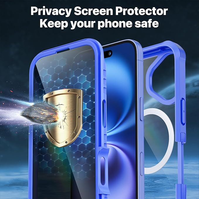 CENHUFO Magnetic Privacy for iPhone 16 Case [Compatible with Magsafe] Full Body Phone Case Built-in 9H Tempered Glass Privacy Screen Protector and Camera Lens Cover, Shockproof Bumper -Light Blue