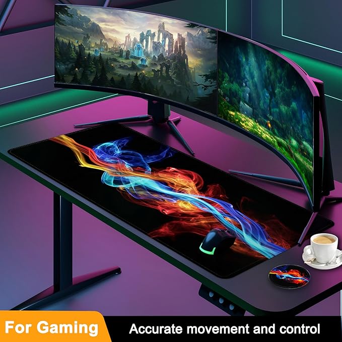 Large Gaming Mouse Pad with Coaster, Desk Matt for Desktop, Desk Pad, Mouse Pads Mat, Stitched Edges Big Extended Mousepad for Computer Keyboard Laptop Office Decor, 31.5'' x15.6''-Ice and Fire