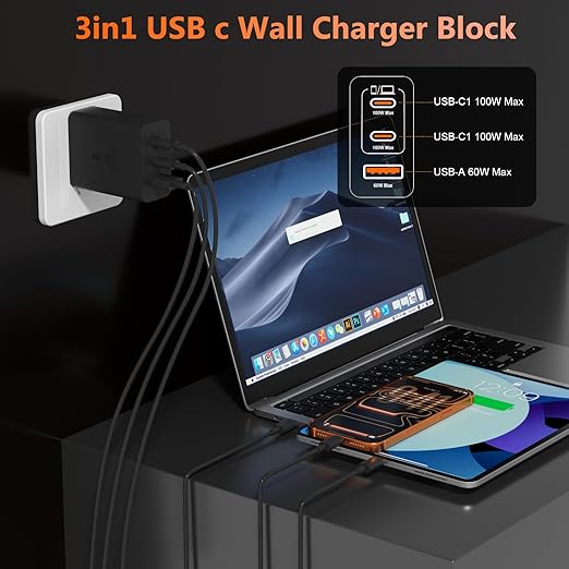 100W USB C Charger for Samsung S26 S25 Ultra, 3-Port GaN Fast Wall Charger with 2 Cables (C-C & A-C), Travel Essentials PD Adapter for MacBook Pro,for iPhone 17 16 15/iPad, Laptop - Black