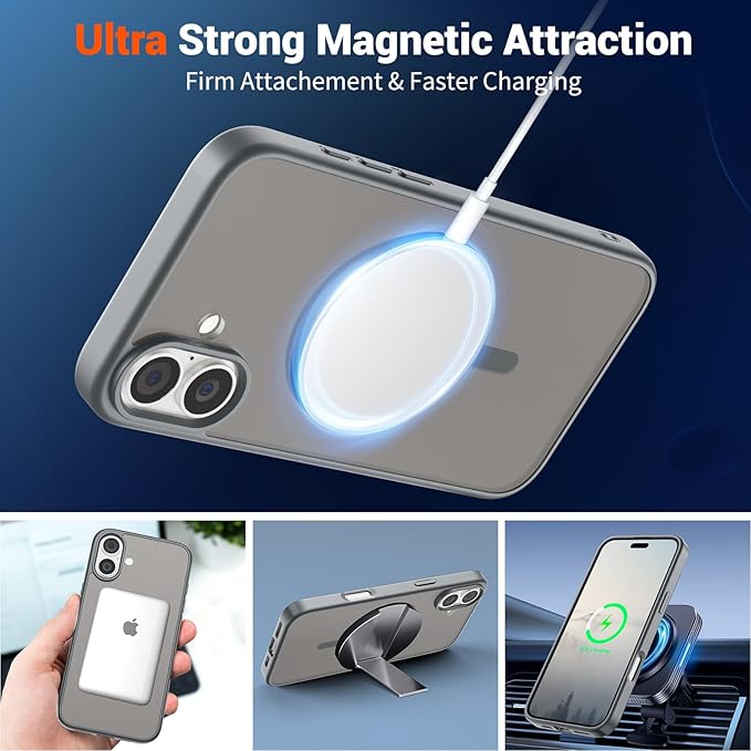 SUPFINE Magnetic for iPhone 16 Case (Compatible with MagSafe) (Military Grade Drop Protection) Translucent Matte Shockproof Phone Cover,Gray