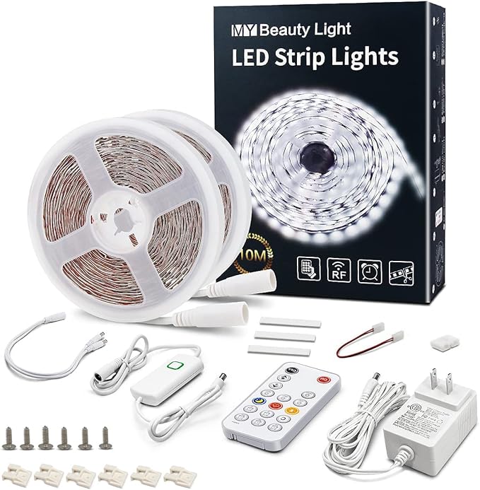 MY BEAUTY LIGHT LED Strip Lights Warm White,32.8ft Dimmable LED Light Strip with RF Remote,600 Bright 6500K 2835 LEDs,Plug-in Adhesive Rope Lights with Timing Mode for Living Room Bedroom Kitchen