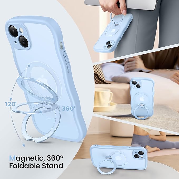 CAPRARO for iPhone 15 Case with 360° Spin Magnetic Stand for Women, [Compatible with MagSafe] [Full Camera Protection] Cute Wave Translucent Matte Case for iPhone 15, Sky Blue