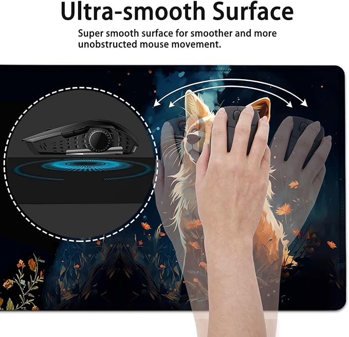 Large Mouse Pad, 31.5 x 11.8in Extended Gaming Mouse Pad with Stitched Edges, XXL Mousepad Protector Non Slip Rubber Base for Office and Home Writing Mat, Cute Red Fox Animal Pattern Black Desk Mat