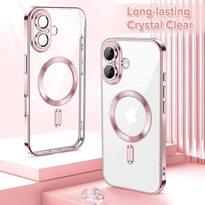 Hython Magnetic Clear for iPhone 16 Case with Camera Lens Protector [Compatible with MagSafe] Luxury Plating Edge Slim Soft TPU Cover Protective Phone Case for iPhone 16 6.1", Pink