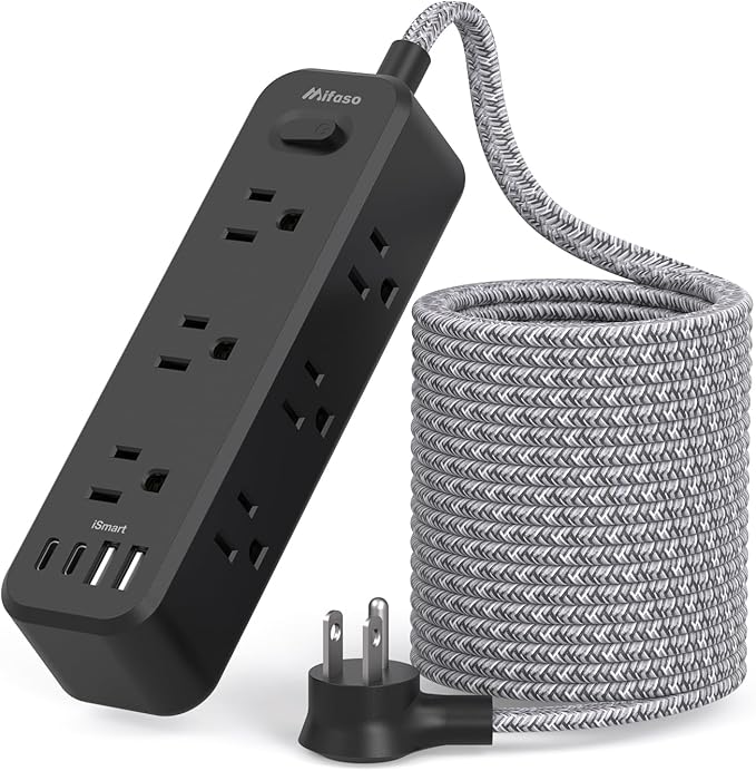15FT Long Extension Cord with Surge Protector, 13-in-1 Power Strip with 9 Wide Spaced Outlets and 4 USB Ports, Flat Plug Wall Mount Charging Station for College Dorm Room Essentials, Office, Black