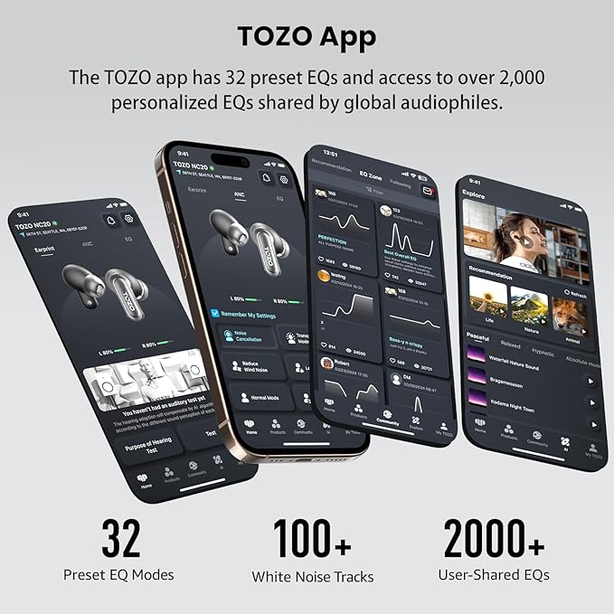TOZO NC20 Active Noise Cancelling Wireless Earbuds, LDAC Hi-Res Sound Bluetooth Headphones, 6 Mics AI Call Ear Buds 80H Playtime, Dual Pairing, 32 EQ via App, IPX8 Waterproof, Wireless Charging Case