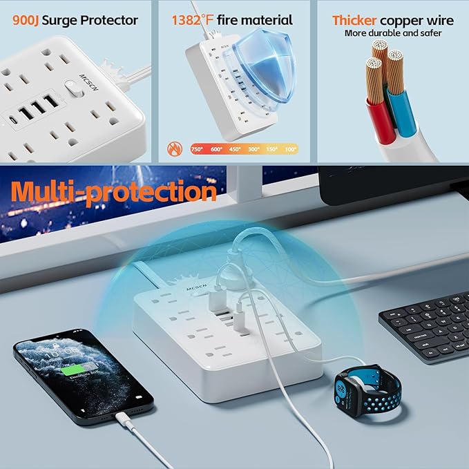Extension Cord Flat Wall Plug with Surge Protector & 8 Outlets 6 USB Ports – 15A 1875W Power Strip for Home Office Dorm Room – 10ft Flat Cord in White – MCSCN