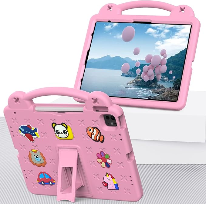 Kids Case for iPad Air 13 inch M3 2025/M2 2024,iPad Pro 13 inch M4 2024 & iPad Pro 12.9 inch Case 6th/5th/4th/3rd Gen 2022 2021 2020 2018 with Stand/Pencil Holder/Handle, Pink Bear
