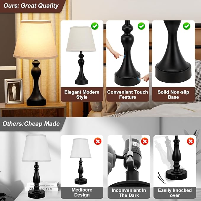 Seealle Touch Lamps for Nightstand - Bedside Lamps Set of 2, 3 Way Dimmable, USB C+A for Bedroom & End Tables (LED Bulbs Included)