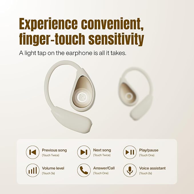 Wireless Earbuds with Ear Hooks, Over Ear Bluetooth Earbuds, Secure Fit, 60H Playtime, LED Display, IPX5 Waterproof (Beige)