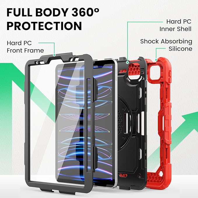 SEYMAC Case for iPad Pro 11 Case 4th/ 3rd/ 2nd/ 1st Gen (2022/2021/2020/2018), Full-Body Shockproof Protective Case with Screen Protector, 360° Rotating Stand and Hand/Shoulder Strap, Red