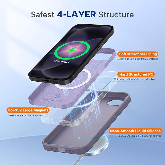 Miracase Magnetic for iPhone 17e Case & iPhone 16e Case, [Soft Anti-Scratch Microfiber Lining], Compatible with MagSafe, Silicone Shockproof Protection Phone Case for iPhone 17e/16e, Lavender Gray
