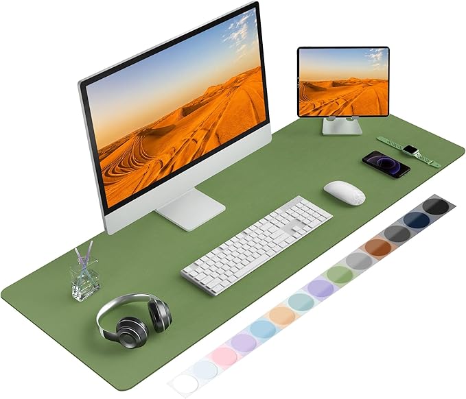 Roslim Leather Desk Pad Protector,Mouse Pad,Non-Slip Computer Mat for Desk,PU Leather Office Desk Mat for Home & Office,Waterproof Laptop Desk Blotter for Keyboard and Mouse,Olive Green ((17''X48'')