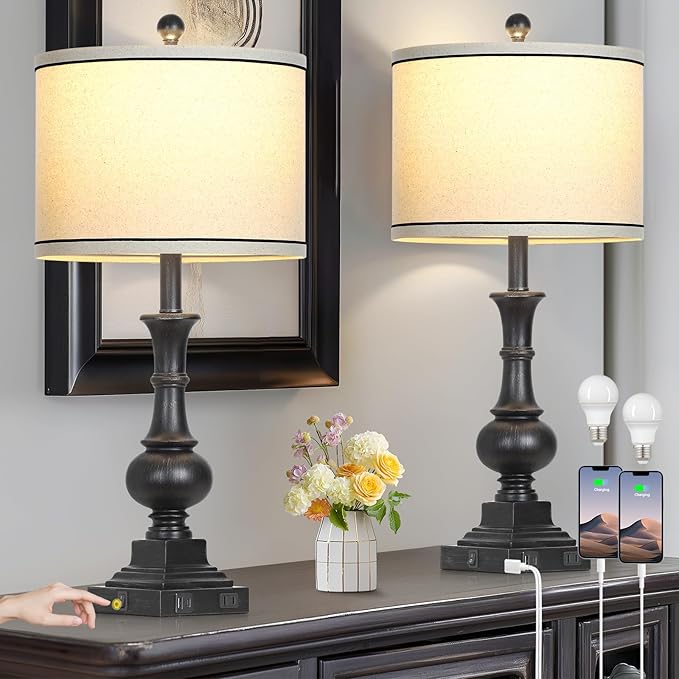 Lolikit Farmhouse Lamps Set of 2, Antique Vintage Rustic Touch Control Table Lamps with USB A+C Ports & AC Outlet, Retro Classic Bedside Nightstand Lamp for Living Room Bedroom Office Black