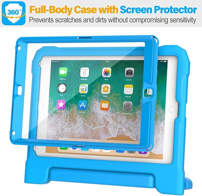 SUPLIK Kids Case for iPad 5th/6th Generation (9.7 inch, 2017/2018), iPad Air 1 & Air 2 & Pro 9.7 Case with Screen Protector, Durable Shockproof Kids Cover with Handle Stand, Blue