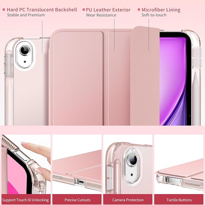 MoKo for iPad Air 11 inch Case (M4/M3/M2) 2026/2025/2024, iPad Air 5th/4th Gen 10.9 inch Case 2022/2020 with Pencil Holder, Slim Trifold Cover with Hard PC Translucent Back Shell,Rose Gold